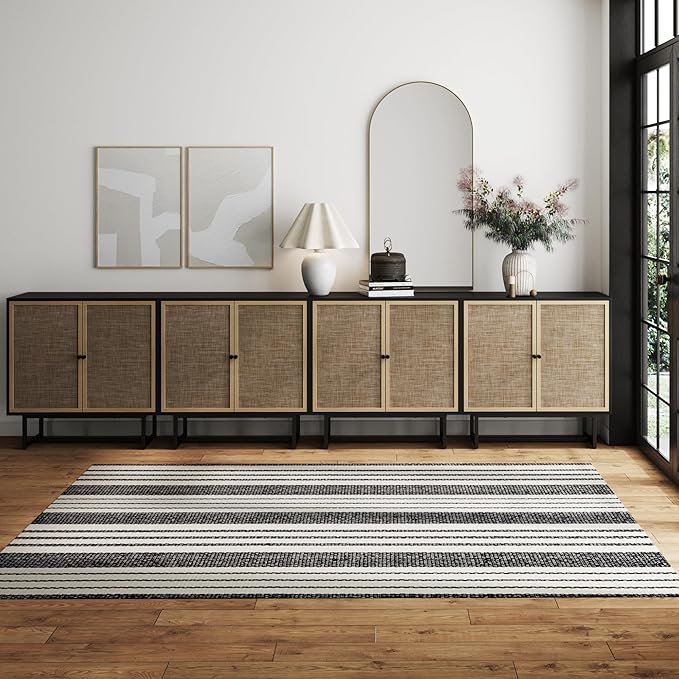 Nathan James Kova Rattan Wood Accent Sideboard Storage Cabinet TV Stand with Matte Metal Frame, Adjustable Shelves and Cane Doors, for Hallway, Entryway or Living Room, Black Oak/Cane, Set of 4