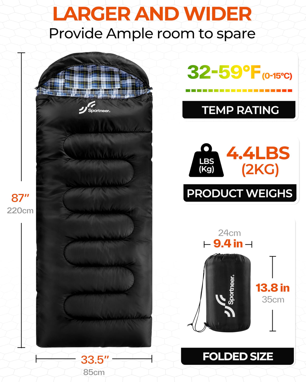 Sportneer 0 Degree Sleeping Bag for Cold Weather, XL Winter Sleeping Bag for Adults, Flannel Lined Camping Sleeping Bag, 32°F–59°F Rated, 87" x 33.5", 4.4 lbs, Detachable Hood, Compression Sack