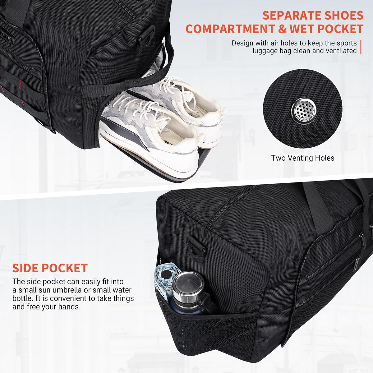 WITZMAN Foldable Duffle Bag for Men Large 65L Travel with Shoe Compartment