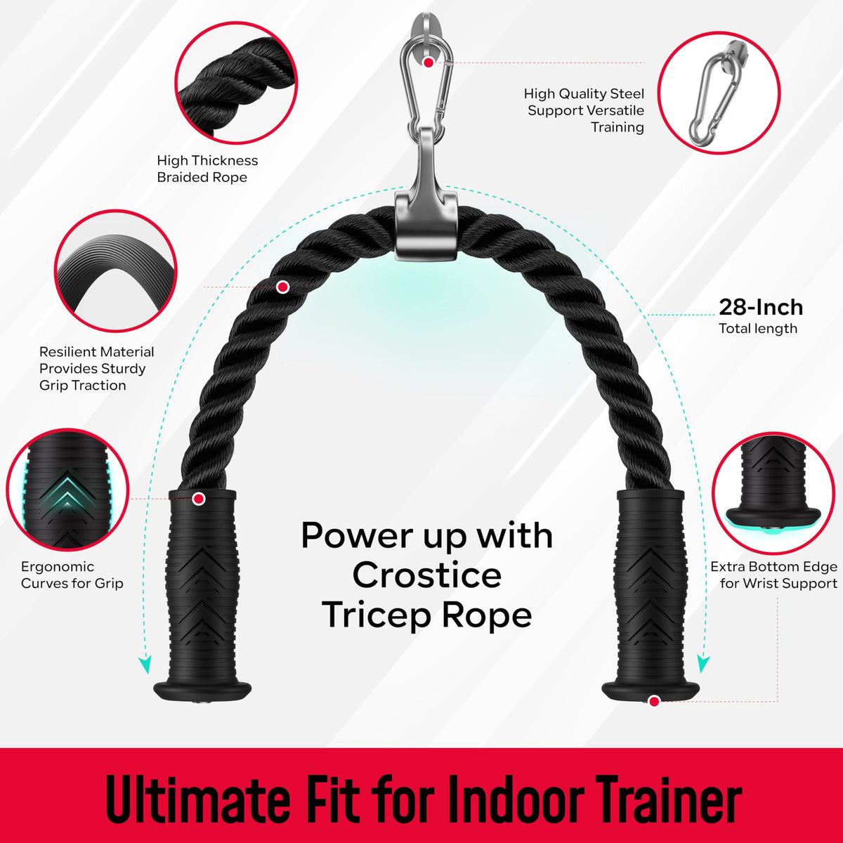 Crostice Tricep Rope Compatible with Tonal Machine, Tricep Pull Down Attachment with Ergonomic Comfort Grips, Accessory for Smart Home Gym & Cable Machine, Wrist Support Base, Soft Rub & Heavy Duty