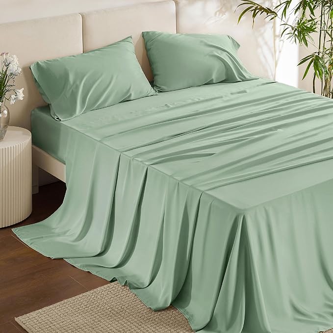Bedsure Queen Sheet Set, Rayon Derived from Bamboo, Cooling Sheets, Breathable & Soft, Deep Pocket Up to 16 Inches, Hotel Luxury Silky Bedding for Hot Sleepers, Sage Green