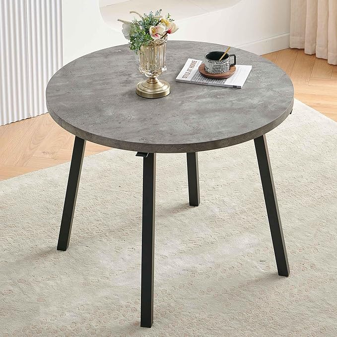 Modern Dining Table Set for 4, Industrial Kitchen Table Set, 37" Round MDF Living Coffee Table with 4 Seated Boucle Dining Chairs Upholstered, Metal Legs for Dining Hall, Living Room