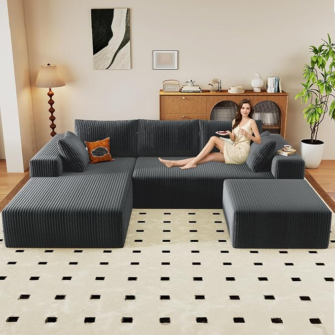 96" U-Shape Cloud Couch, Modern Modular Sectional L-Shape Sofa with Ottoman, Corduroy Upholstered Couches Deep Seat Chaise Longue for Living Room, No Assembly Required(Dark Gray, Left Facing)