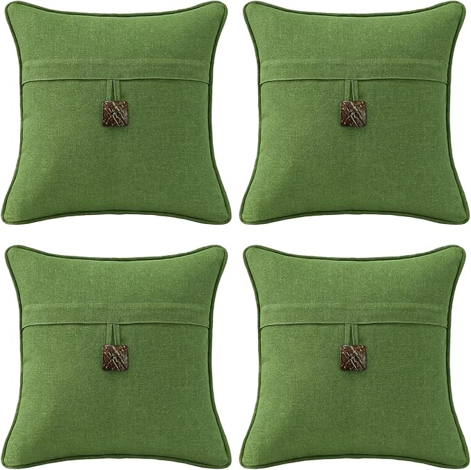 Outdoor Decorative Pillows with Coconut Button Pack of 4, 18" x 18" Outdoor Pillow Set for Couch Bed Throw Patio Sofa, Grass Green