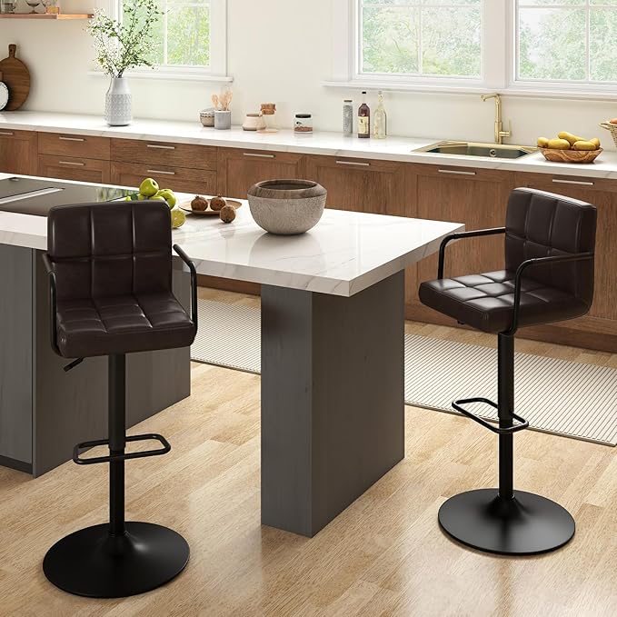 Furnimart 30" Faux Leather Upholstered Bar Stool, Adjustable Counter Stools Bar Chairs Modern Design Swivel Barstools Hydraulic Stools for Kitchen and Dining Room Set of 2 (Leather-BlackBrown)