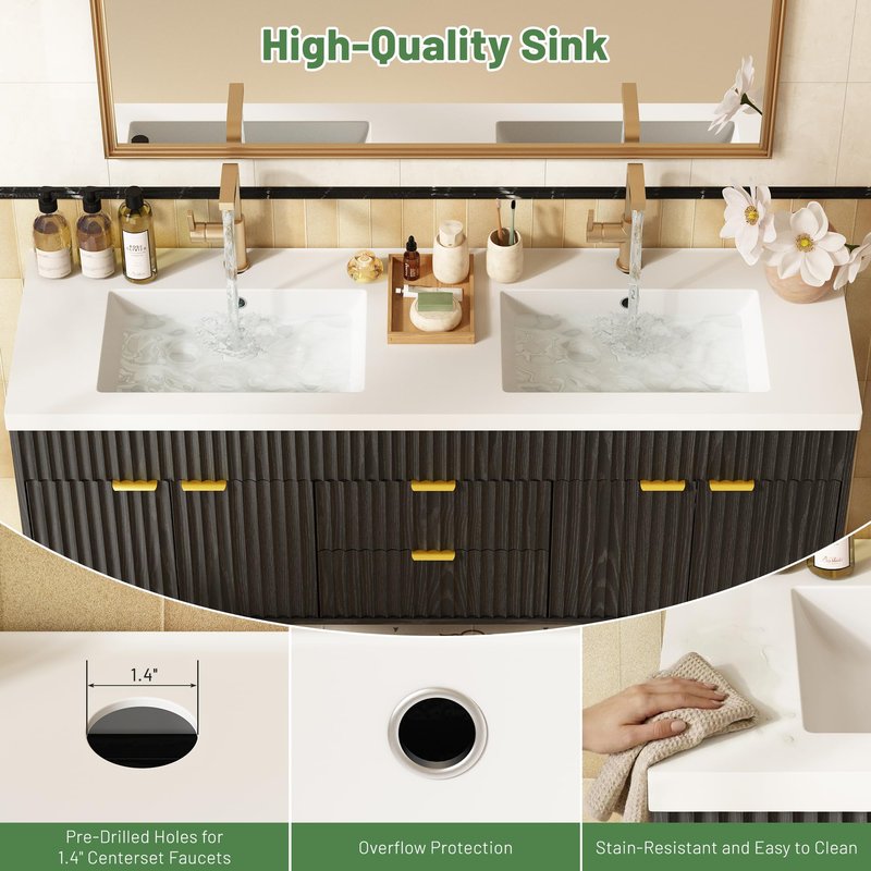 CARPETNAL 60 Inch Bathroom Vanity with Sink, Modern Fluted Large Double Sink Bathroom Vanity with Sink with 2 Storage Cabinets, Adjustable Shelf and 2 Drawers, Black