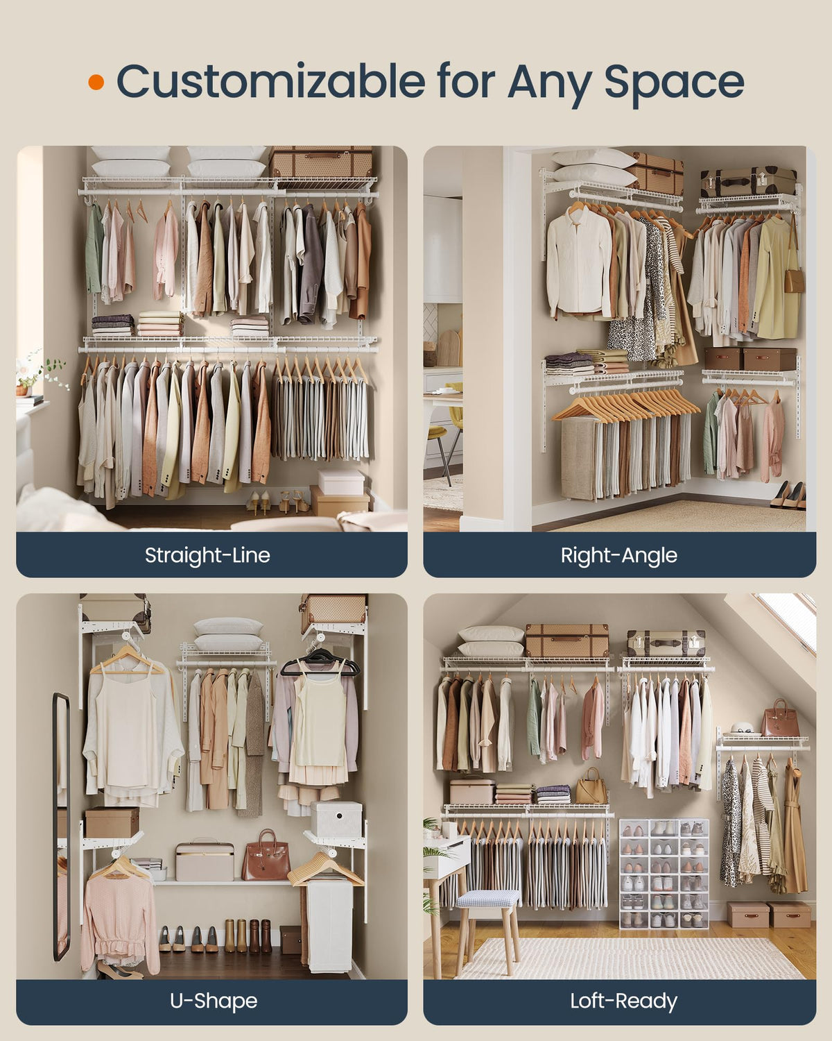 SONGMICS HOME Closet System, Closet Insert Organizer, 4-6 ft, Adjustable Metal Shelving Unit with 6 Hanging Rods, 6 Shelves, and Hooks, for Pantry Mudroom Garage Basement, Cloud White URGR032W01