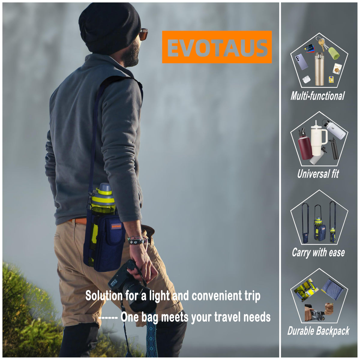 EVOTAUS Water Bottle Holder with Strap - MOLLE Bottle Carrier Sling for Walking - Manual Strap Adjustment for Precise Fit of Most 18-64 oz Bottles (Check Size Fit Guide), Blue