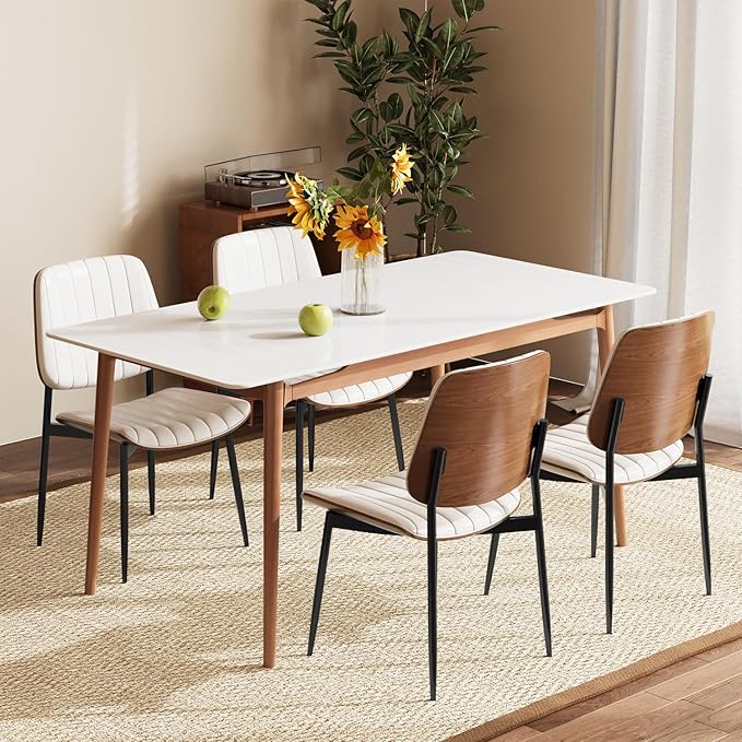 Modern Green Leather Dining Chair Set of 4, Bentwood Backrest & Black Metal Frame Ergonomic Comfort, Sustainable Style, Multi-Space Versatile, Beige
