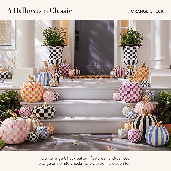 MACKENZIE-CHILDS Small Pumpkin, Resin Halloween Home Decor, Orange-and-White Orange Check