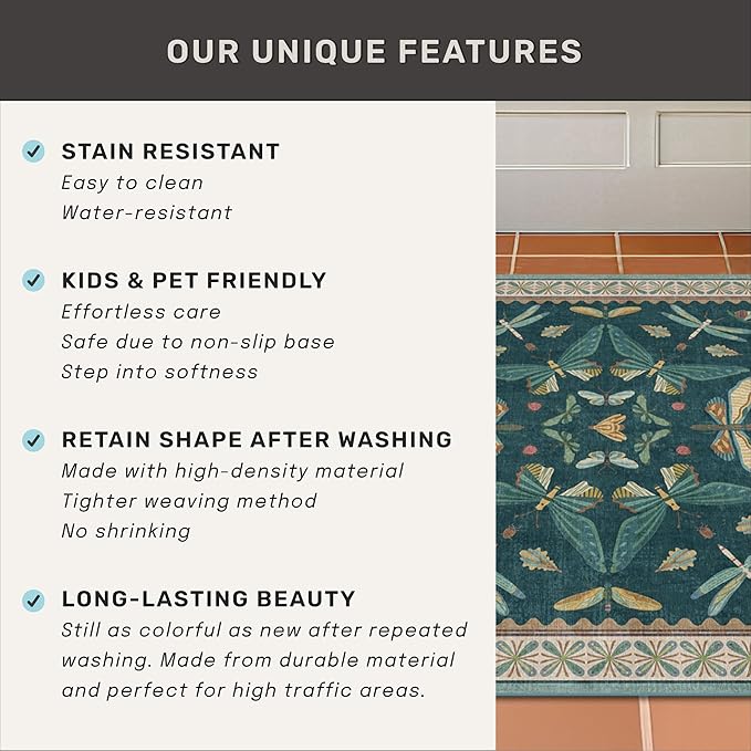 Insect Print Washable 8x10 Living Room Rug - Bugs, Butterfly, Bees, Moths Patterned Area Rugs for Bedroom, Dining Room Under Table, Kids Room, Home Office, Washable Non Slip Fade Resistant Low Pile