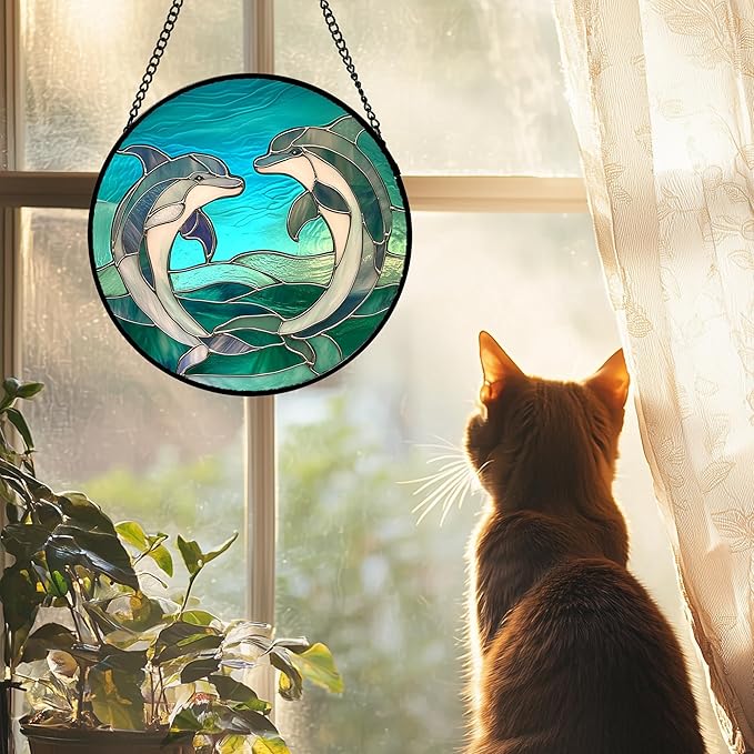 Stained Glass Window Hanging 4 Pcs Set Cyan Ocean Life Theme 6.3" - Sea Starfish Suncatcher Door Garden Sun Catcher Decor Birthday for Mom Woman Nana Men Friend