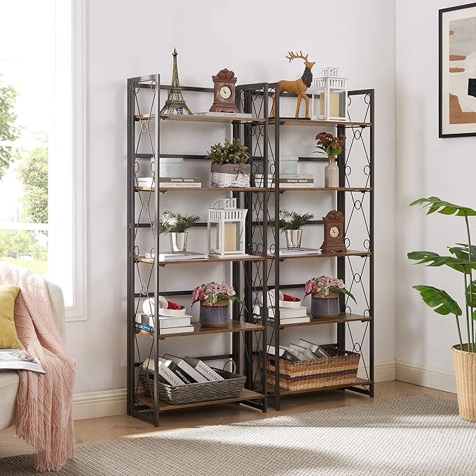 VECELO Folding Bookshelf 5-Tier,Industrial Metal Frame & Wood Shelves,Foldable Bookcase Easy Assembly Free Standing Tall Storage Organizer for Living Room,Office,Bedroom