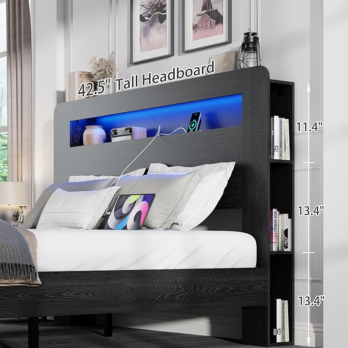 King Size Wooden Bed Frame with Bookcace Storage Headboard, Rustic Farmhouse Bedframe with LED Lights and Charging Station, Sturdy and Stable, Slat Support, No Box Spring Required (Black, King)
