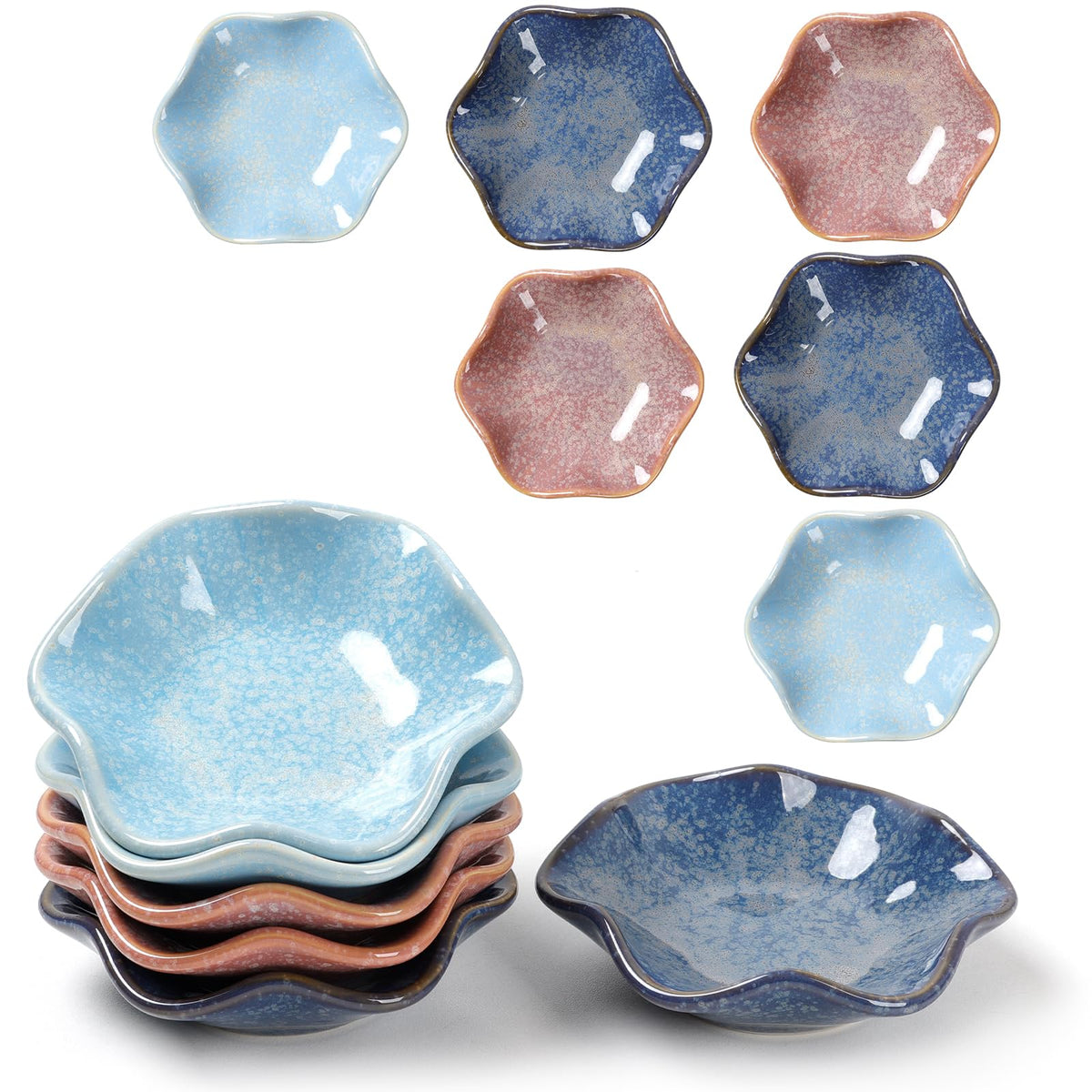 ZEBERBO Dipping Bowls Set of 8, Ceramic Soy Sauce Dishes, 3 oz Dipping Sauce Cups, chrysanthemum Round Small Side Dish Dishes for Dipping Sushi Tomato Soy Sauce Dish Condiment Finger Bowls