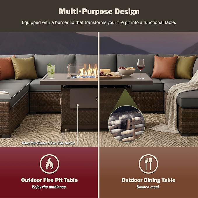 52 Inch Outdoor Fire Pit Table, 50000 BTU Propane Fire Pits with Wind Guard and Fire Glass, CSA Certified Patio Fire Table, Rectangular Aluminum Rattan Fire Table for Outside Patio, Backyard, Brown