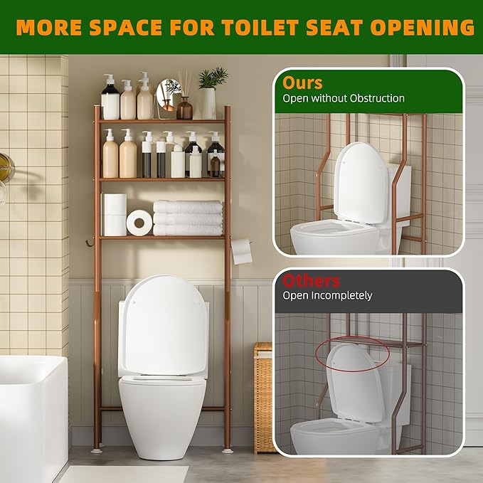 3-Tier Over The Toilet Storage, Space Saver Metal Bathroom Shelves, Freestanding Above Over Toilet Storage Shelf with 4 Hooks for Bathroom, Bronze