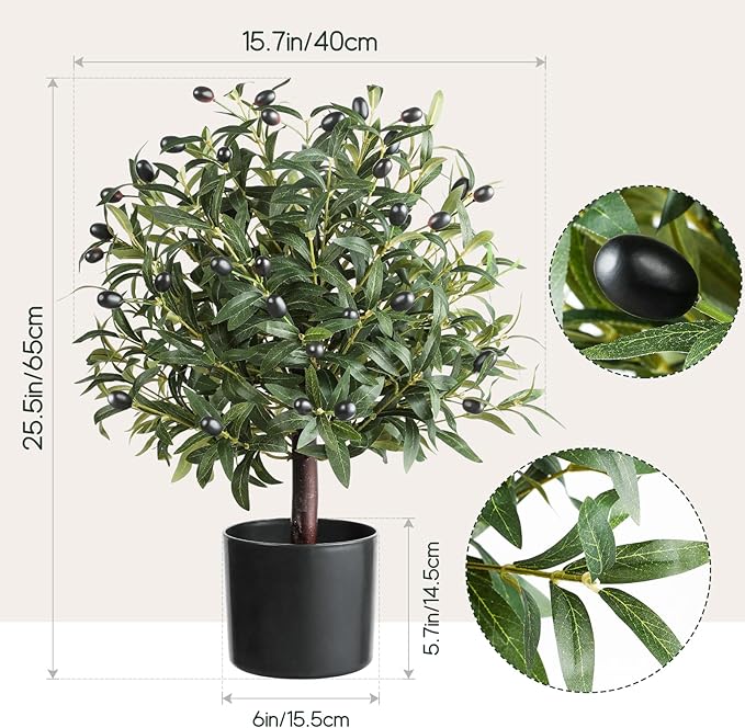25" Tall Artificial Olive Topiary Ball Tree with Leaves and Fruits, Olive Boxwood Topiary Ball Potted Bushes UV Resistant Potted Plants for Indoor Outdoor Home Garden