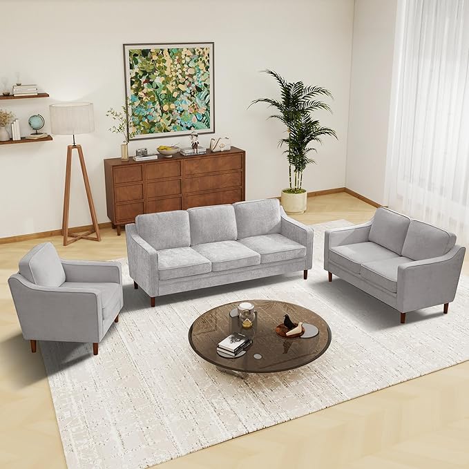 Kingfun Living Room Furniture Sets, 3 Seater Couch, Armchair and Loveseat, Mid Century Modern Sofa Set, Chenille Couch with Solid Wood Frame for Living Room & Bedroom, Silver Gray