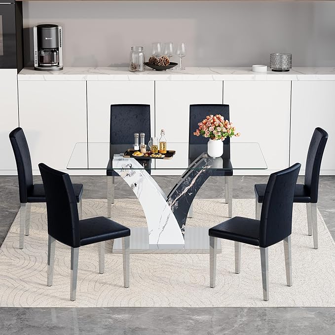 Glass Dining Table Set for 6, 63” Kitchen Table Set for 6, Modern Dining Room Table Set with Upholstered Chairs, Tempered Glass Tabletop with Y Shape Base