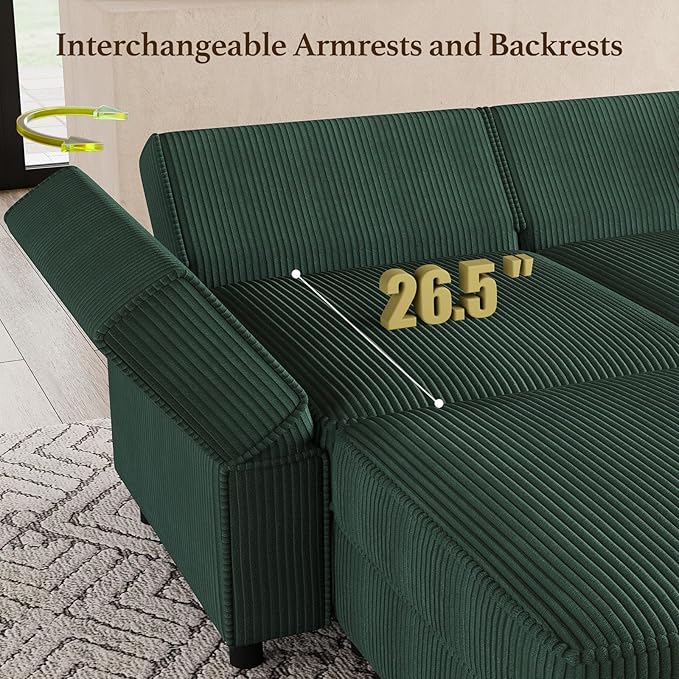 114.2" Modular Sectional Sofa with Deep Storage Seat,Corduroy U Shaped Sofa Couch Set,7 Seat Modular Couch with Movable Ottoman Chaise,Upholstered Sectional Couches for Living Room,Green