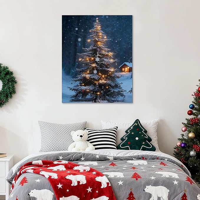 Framed Christmas Pictures Wall Decor,Vintage Pine Tree Prints,Winter Christmas Canvas Wall Art Decoration for Bedroom Bathroom Living Room Rustic Xmas Holiday Gifts (Christmas Tree 19, 11'' X 14'')
