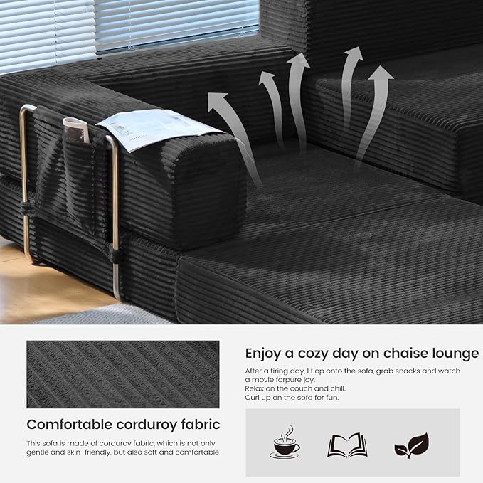 Folding Sofa Bed Convertable Corduroy Couch King Size Floor Sleeper 4-in-1 DIY Combination Modular Sofa Fold Out Futon Lounge Comfy Foldable Lazy cama for Living Room (Black)