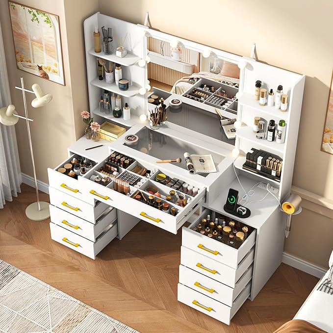 55 in Glass Top Vanity Desk with Mirror and Lights, Large Vanity Makeup Mirror Desk with Charging Station Compartment Storage Drawers, Modern Makeup Vanity with 9 Drawers 6 Shelves, White