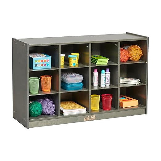 ECR4Kids 12 Cubby Mobile Tray Storage Cabinet, 3x4, Classroom Furniture, Grey Wash