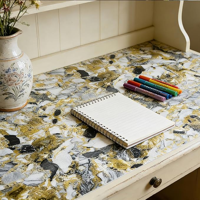 Drawer and Shelf Liner - Yellow Black Marble Pattern,Non Adhesive Non Slip Waterproof Easy-Clean Liner for Kitchen Cabinet, Refrigerator, Bathroom, Pantry Storage Drawers, 17 in x 30 Ft