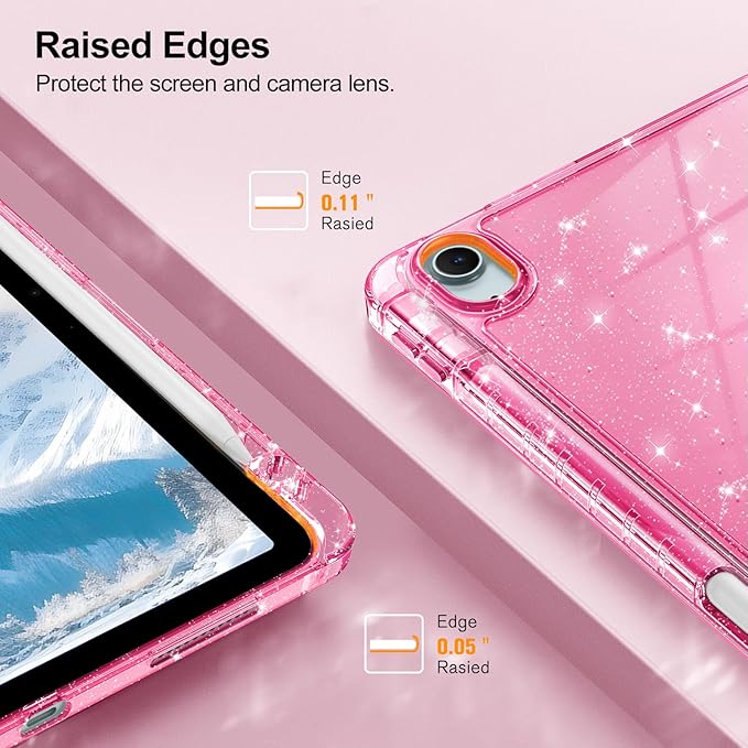 Fintie Slim Case with Pencil Holder for iPad Air 11-inch M4/M3/M2 (2026/2025/2024), iPad Air 5th (2022) / 4th Generation 10.9 Inch - Glittering Sparkly Cover with Shiny Clear Back Shell, Pink