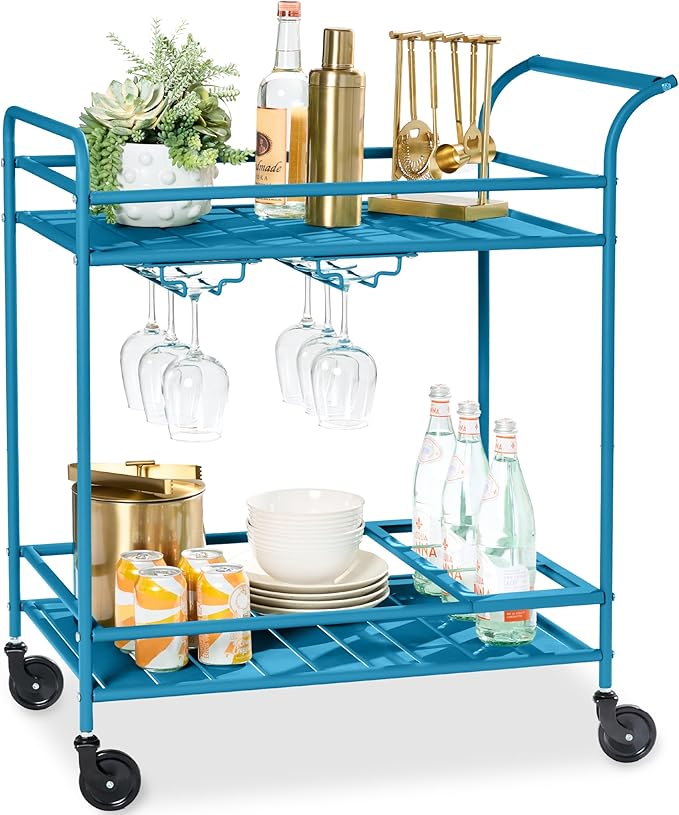Best Choice Products Rolling Bar Cart, Mobile Home Bar Serving Cart, Serving Station w/ 2 Tier Shelves, Wine Rack, Lockable Wheels - Peacock