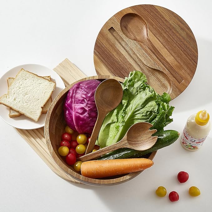 Wooden Salad Bowl, Salad Bowls, 11.8" Large Salad Bowl with Serving Utensils, Big Wood Serving Bowls for Food, Fruits, Salad, Cereal, Corn flake, Pasta