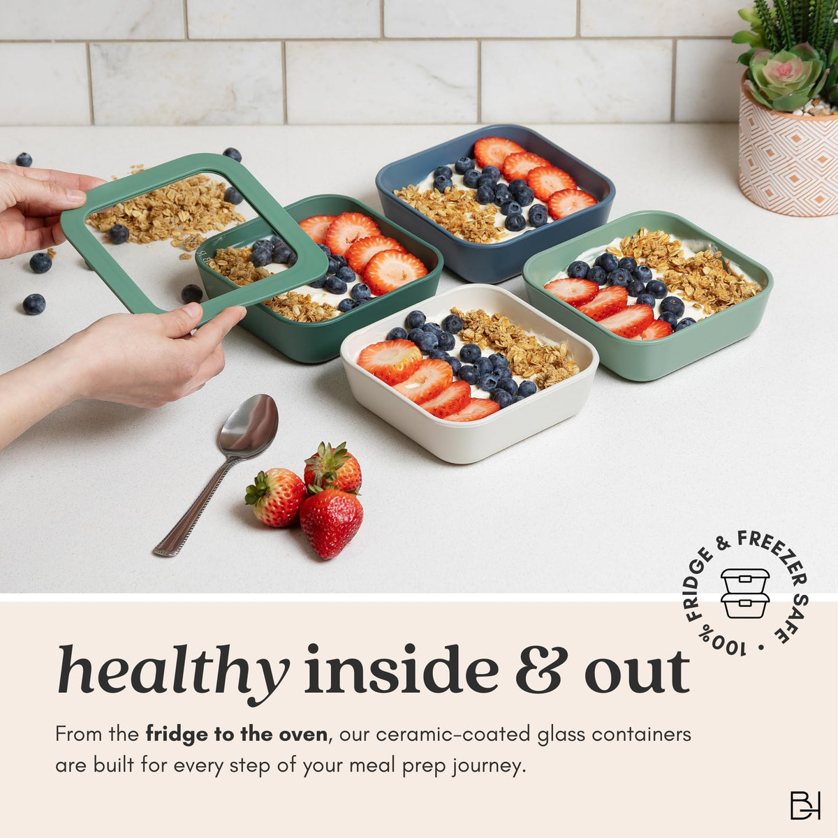 BRIVARA HOME Glass Food Storage Container with Lid, 8-Cup Large Square | Microwave-Safe Airtight Lid, Oven-Safe Ceramic-Coated Glass | Zero Plastic, No PFAS/PFOA/BPA, Reusable [Willow]