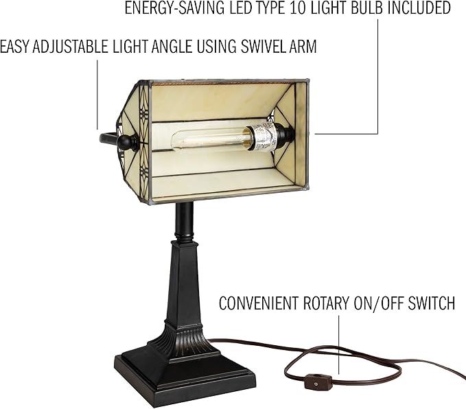 Lavish Home Tiffany-Style Bankers Lamp - Vintage-Looking Mission-Style Table or Desk LED Light with Stained Glass Shade (Dark Brown)