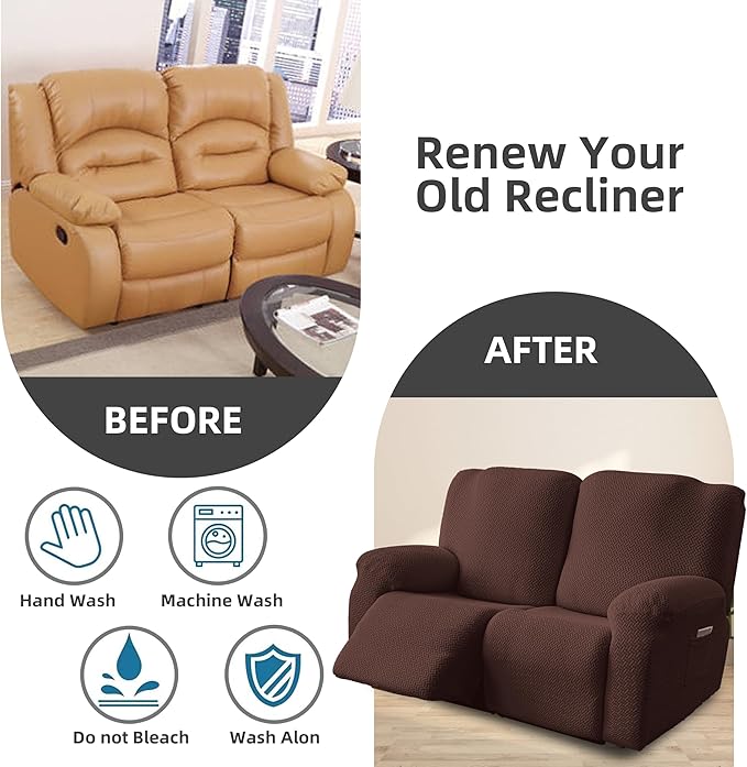 Genina Recliner Loveseat Covers, Stretch Reclining Sofa Covers, 2 Seater Couch Cushion Stripe Jacquard Recliner Slipcovers - Furniture Protector Covers for Pet Kid (Chocolate)