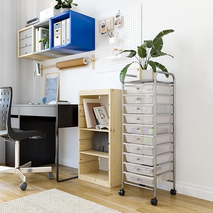 Seville Classics Rolling Utility Organizer Storage Cart, for Home Office, School, Classroom, Scrapbook, Hobby, Craft, 10 Drawer, Frost White