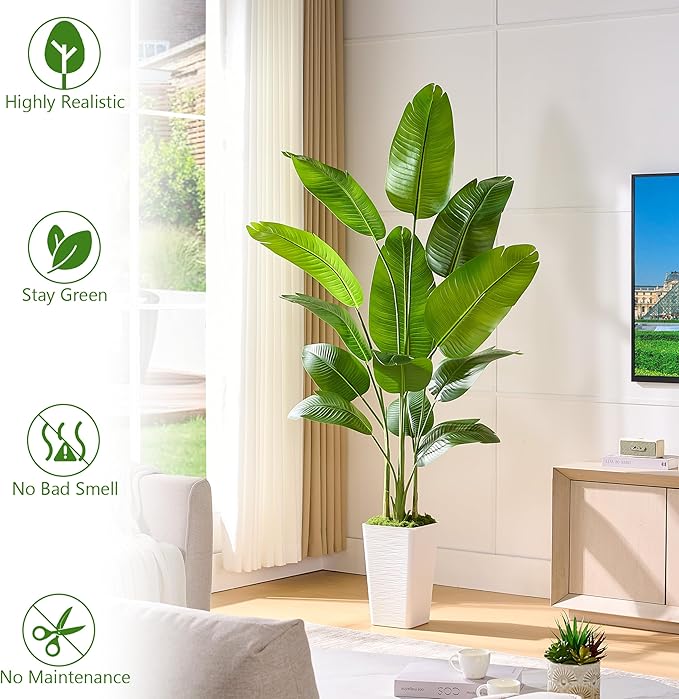 Bird of Paradise Artificial Plant, 6.6FT Faux Plants Indoor Banana Leaf Tree with 13 Leaves, Large Fake Tropical Potted Indoor Silk Floor Plant with White Tall Planter for House,Office,Room,Home Decor