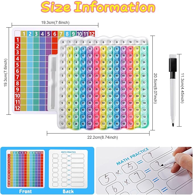 Multiplication Table Game pop Fidget Toys Educational Math Learning Board with Marker, Rainbow Colors, 12x12 Grid Multiplication Charts for Kids Multiplication Flash Cards