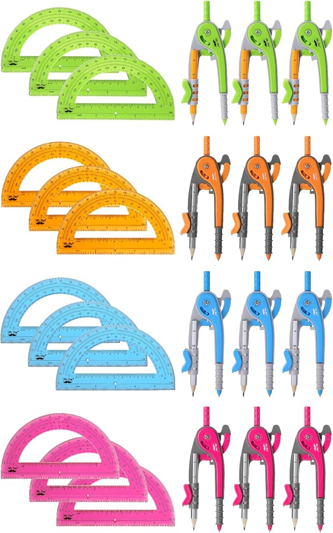 Mr. Pen- Compass and Protractor Set, 12 Sets, Colorful, Bulk Math Compass for Geometry and Drawing