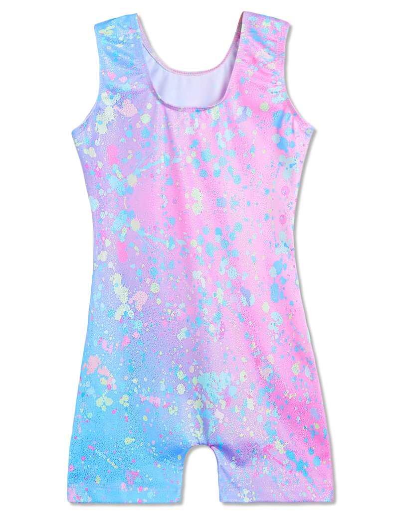 Domusgo Girls Gymnastics Leotards Size 9-10 Years Old Shiny Colorful Graffiti Dot Sleeveless Biketard with Shorts