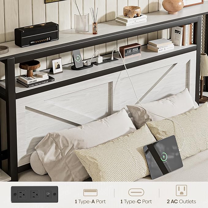 Queen Size Rustic Bed Frame with Storage Born Door Headboard and Bedside Storage, Industrial Farmhouse Metal Platform Bed Frame with Charging Station and LED Lights, White