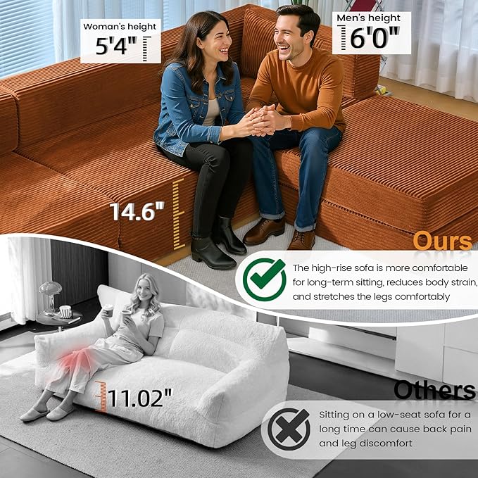 Folding Sofa Bed Convertable Corduroy Couch King Size Floor Sleeper 4-in-1 DIY Combination Modular Sofa Fold Out Futon Lounge Comfy Foldable Lazy cama for Living Room (Orange)