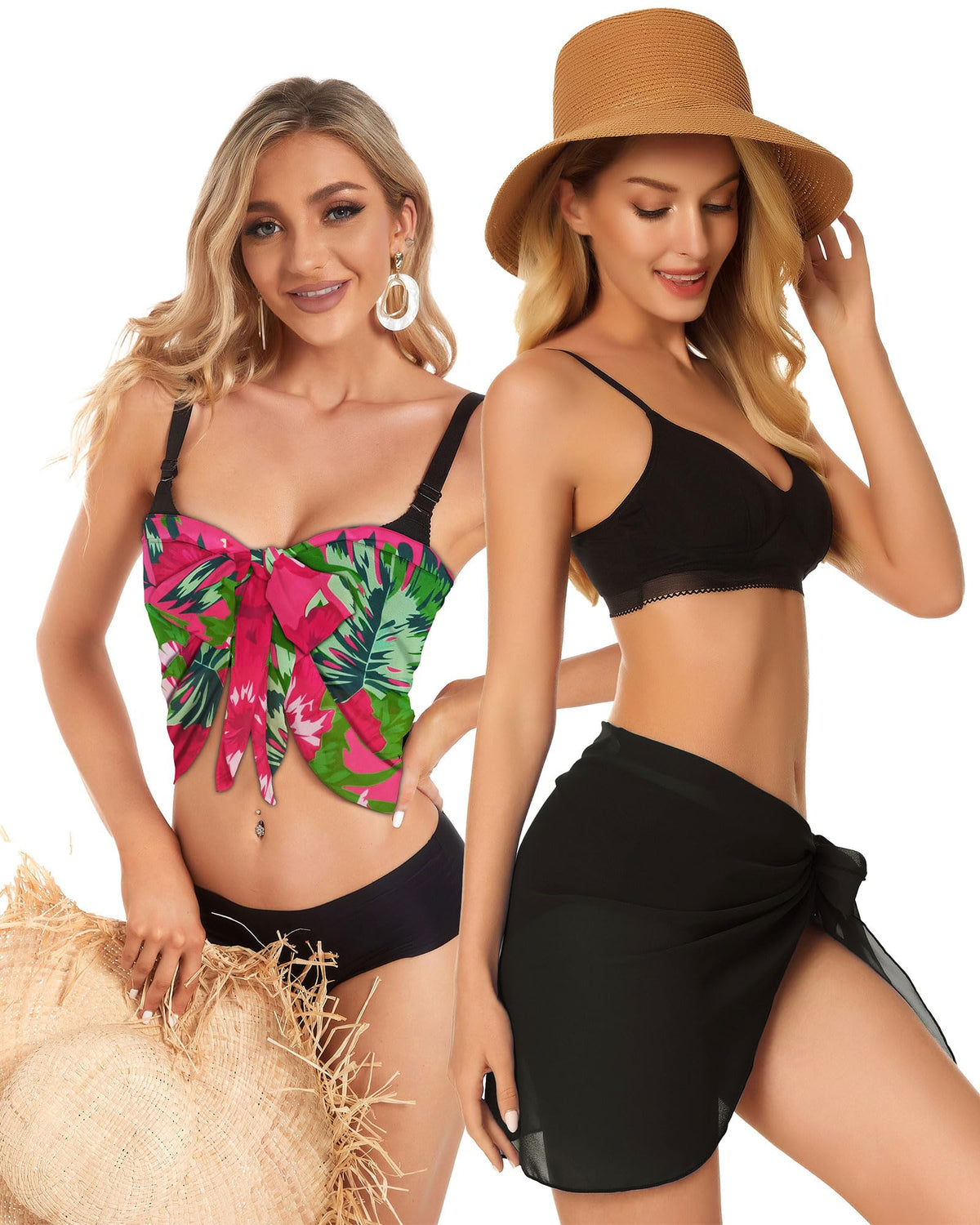2 Pieces Sarong Cover Ups for Women Beach Bathing Suit Wrap Sheer Short Skirt Bikini Chiffon Scarf for Swimwear (Black, Rose Red Leaves)