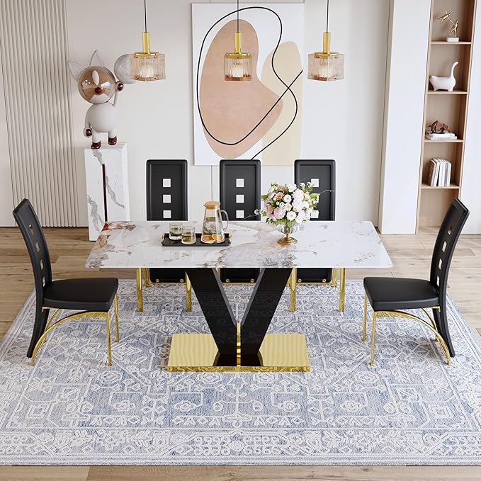 71'' Dining Table Set for 8,Rectangular Dining Room Table Set for 8,Marble Dining Table with 8 PU Leather Dining Chairs,Gold Dining Room Table with Glossy V-Shaped Base Ideal for Kitchen