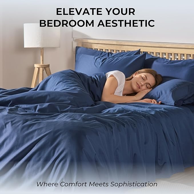 100% Natural Cotton Bed Sheets | 500 TC Single-Ply Sateen Weave Full Size Sheets | Breathable & Hypoallergenic Solid 4-Piece Bedding with Deep Pocket Fitted, Flat, Pillowcase | Navy Blue