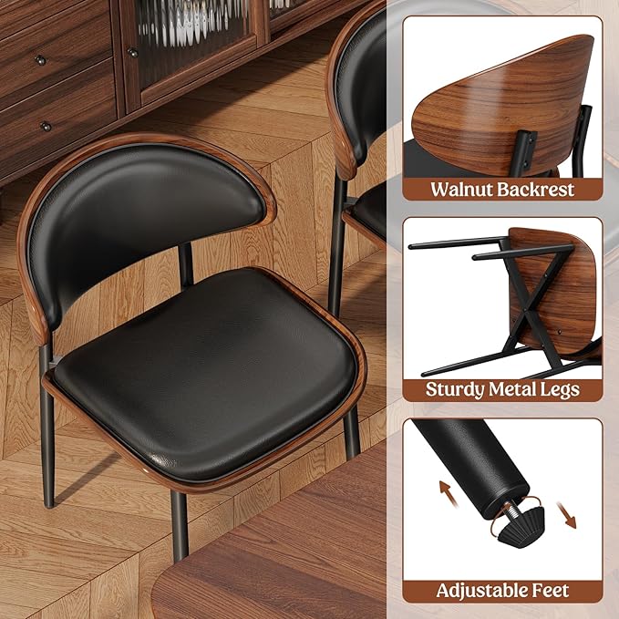 Dining Chairs Set of 4, Mid-Century Modern Upholstered PU Leather Chairs with Walnut Bentwood Back and Metal Legs Adjustable Feet for Kitchen Dining Room, Black PU