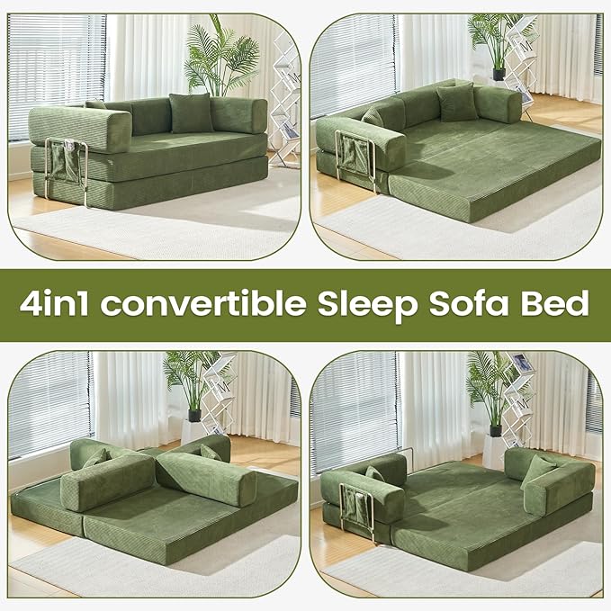 Folding Sofa Bed Convertable Corduroy Couch King Size Floor Sleeper 4-in-1 DIY Combination Modular Sofa Fold Out Futon Lounge Comfy Foldable Lazy cama for Living Room (Green, 70.86")