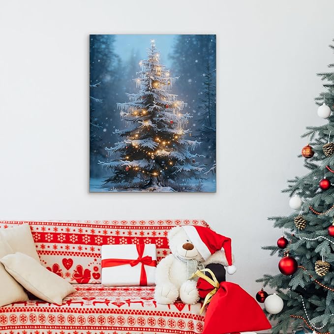 Framed Christmas Pictures Wall Decor,Vintage Pine Tree Prints,Winter Christmas Canvas Wall Art Decoration for Bedroom Bathroom Living Room Rustic Xmas Holiday Gifts (Christmas Tree 15, 11'' X 14'')