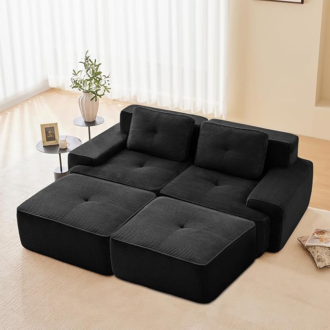 Black Ottoman for Modular Sectional Sofa, Corduroy Deep Seat for Oversized Compressed Boneless Sectional Couches for Living Room Bedroom Apartment, Cloud Sofa Couch, Memory Foam, No Assembly